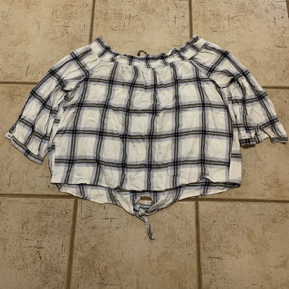 Dynamite Plaid Off-the-Shoulder Tie-Front Crop Top TG/XL - Picture 2 of 6